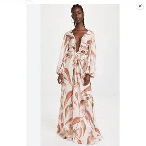 Andrea Iyamah Belted V-Neck Neema Robe Maxi Dress Ivory Floral - Size S/M